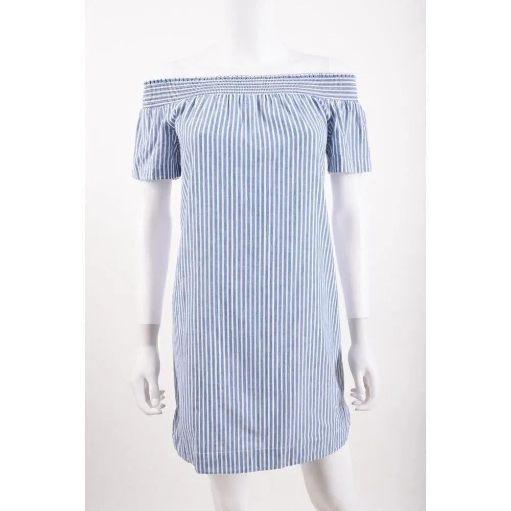 J.Crew Womens Off-The-Shoulder Dress Sz 00 Blue White Striped linen cotton